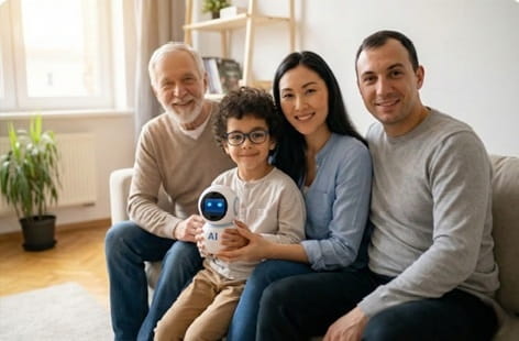 Happy family with child explaining AI concepts to parents