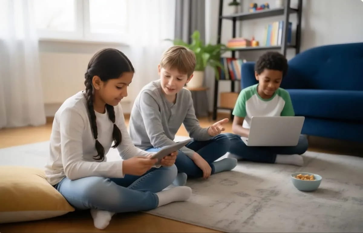 Happy family with child explaining AI concepts to parents