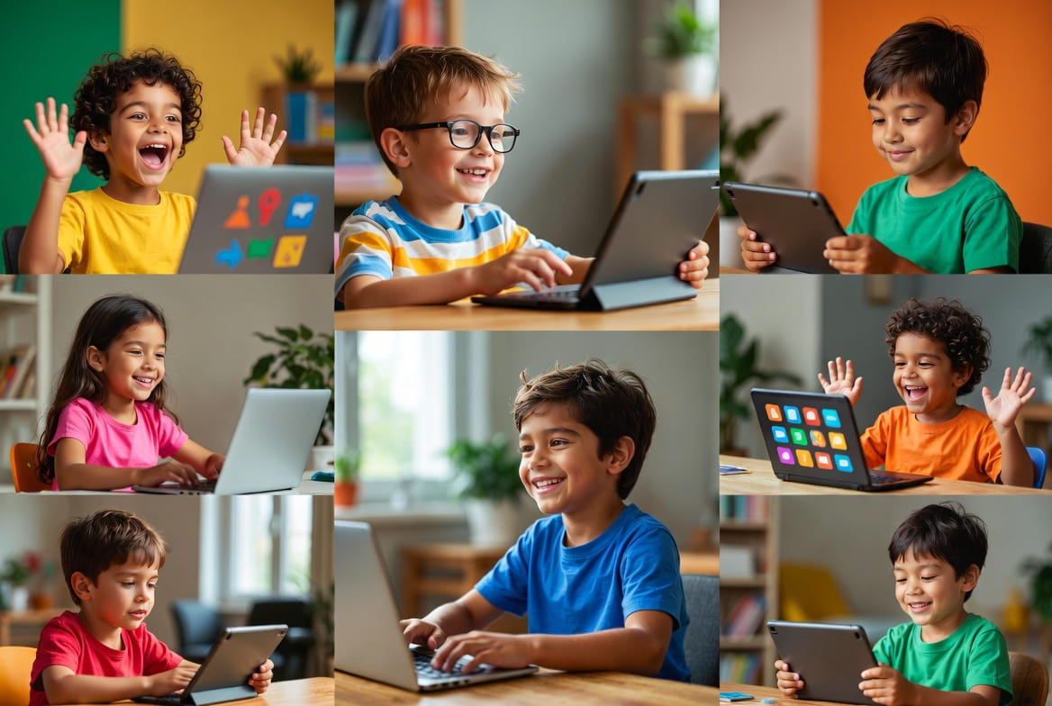 Kids engaged with various learning features - playing games, watching videos, earning badges, creating projects