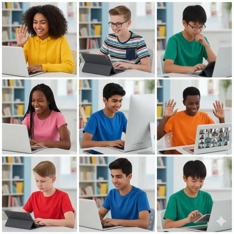 Kids engaged with various learning features - playing games, watching videos, earning badges, creating projects